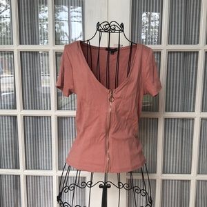 Pink Zipper Front Ribbed Tee